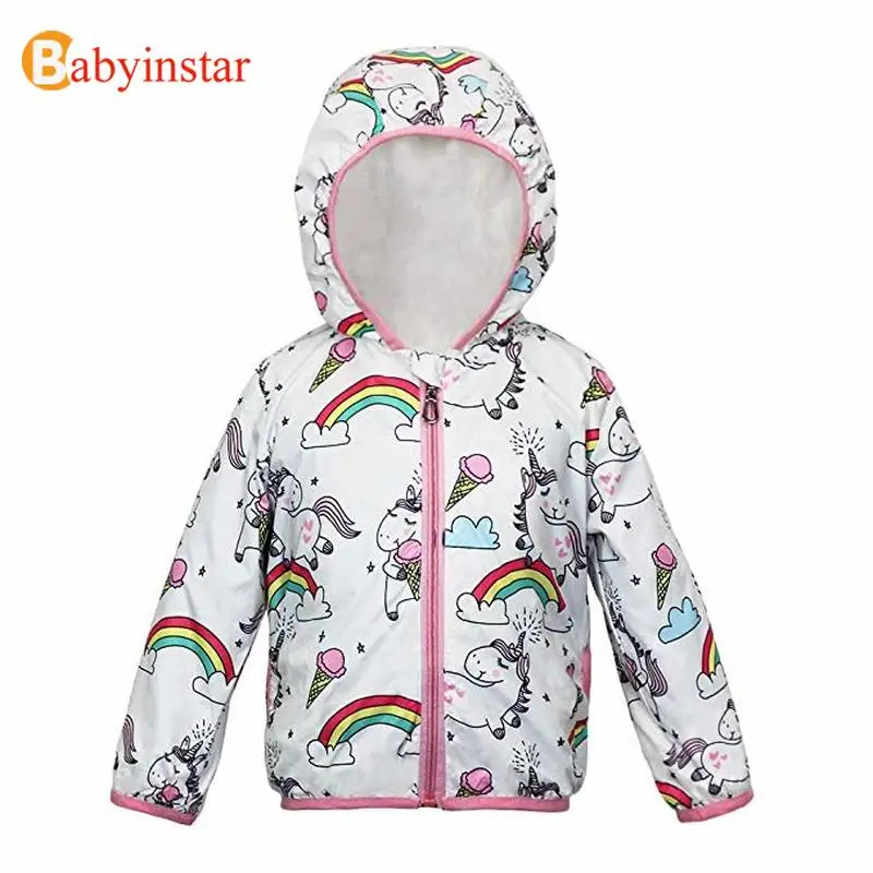 Babyinstar 2020 New Rainbow and Unicorn Printed Jacket for Toddler Girls Outerwear Children's Casual Hooded Jacket Child Outwear