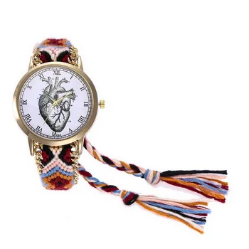 

Women Quartz Watch Colorful Weave Rope Belt Heart Dial Pattern Casual Watch LL@17