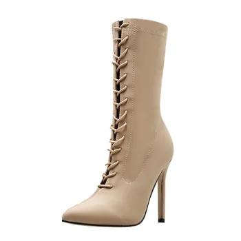 

Nice Women Mid Boots New Autumn Early Winter Shoes Pointed Cross Strap Fashion Warm Lace-Up WoMen Boot Short Booties Jly22