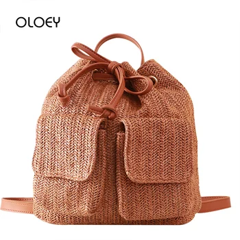 

Summer Straw Woven Women's Backpack Beach Drawstring Bucket Bags Lady Travel Bagpack Teenage Girls Quality Rucksack Mochila Sac