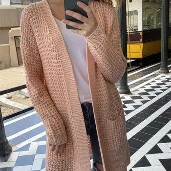 

Knitted Solid Loose Women Midi Cardigan Long Sleeve Pocket Female Casual Long Sweater 2020 Autumn New Fashion Ladies Sweaters