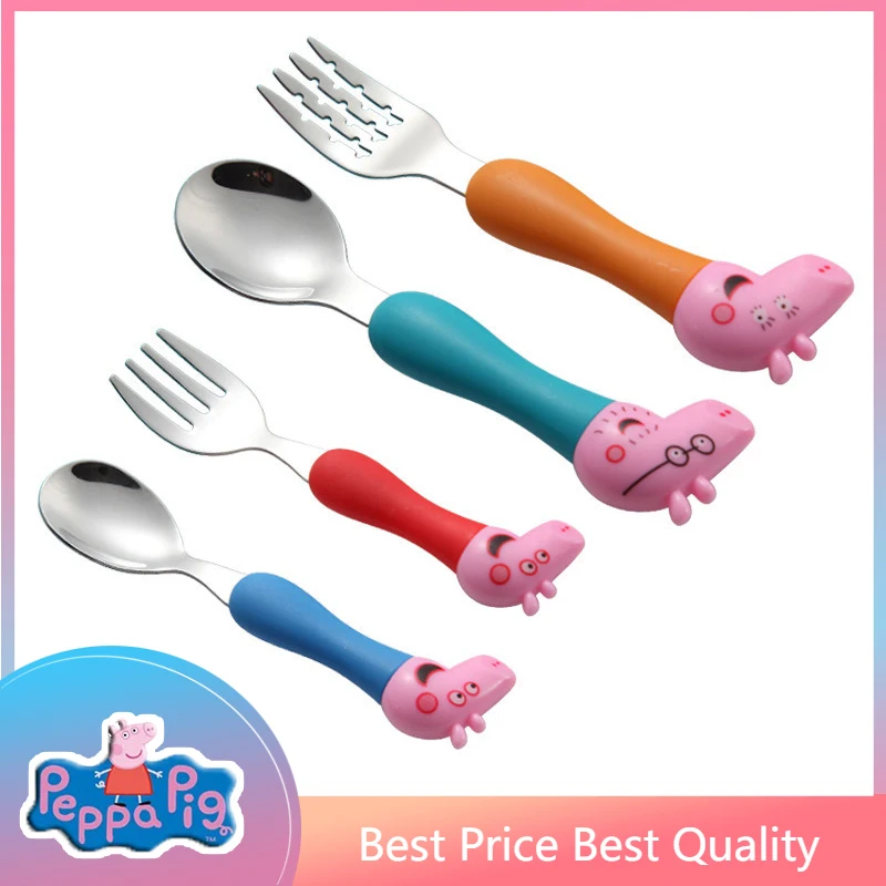 

new Original Peppa Pig Daily Dining Spoon Fork Children Tableware Cute Cartoon Model Grip Spoon Set Kids Birthday Gifts