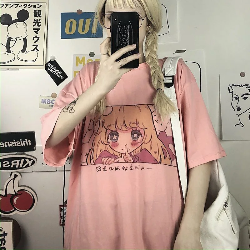 

Японские Harajuku милые футболки с мультяшным принтом для девочек, милые забавные розовые Kawaii повседневные топы, летние женские винтажные уличные свободные футболки