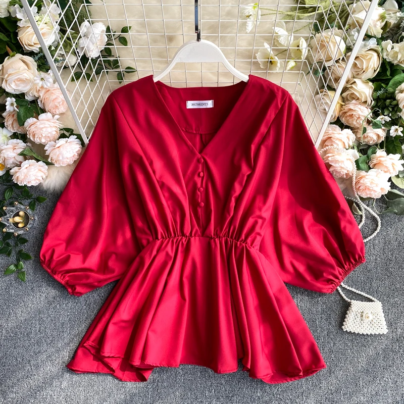 

Summer Women's Blouse New Korean Style The V-neck Puff Sleeve Stretch Top Solid Color Ruffled All-match Chiffon Female Top LL148