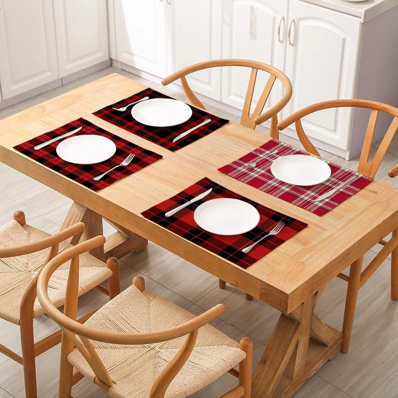 

Christmas Series Plaid Printed Cotton Hemp Cloth Table Mat Nordic Wind Non-Slip Insulation Kitchen Table Mat