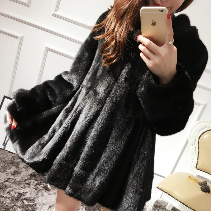 black Новые женские модели с длинным разрезом Норковое меховое пальто из норки пальто цвета 1008 - Цвет: black