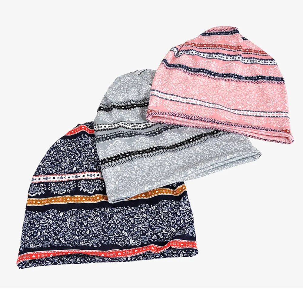 Women Ladies Stripe Slouchy Beanie Hat Flower Hats Multi-Use Elastic Soft Cap Neck Scarf