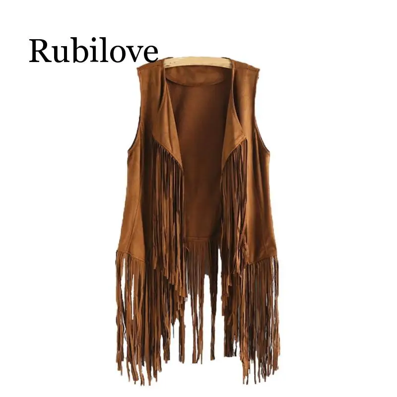 

Rubilove Women Vest Sleeveless Leather Jacket Motorcycle Vest Tops Autumn Winter imitation ethnic suede tassels fringe vest Card