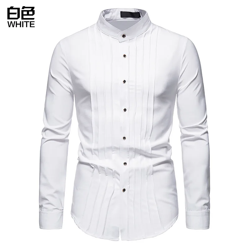 white short sleeve shirt PARKLEES 2021 Autumn Henley Shirts for Men Bridegroom Wedding Formal Slim Fit Long Sleeve Shirt Pleats Tuxedo Vintage Clothes men's short sleeve shirts & tops Shirts