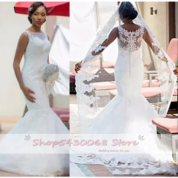 

Elegant Sleeveless Lace Appliques Mermaid Wedding Gowns 2020 Sweep Train robe de mariee Illusion Lace Mermaid Wedding Dresses