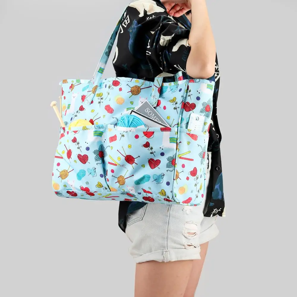 Tyenaza Woven Knitting Needles Storage Bag - Large Fabric Yarn Organizer With Handles (Rose Jacquard)