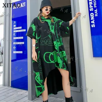 

XITAO Streetwear Plus Size Irregular Dress Women Short Sleeve Fashion Trend Printing Turn Down Collar Dresses Oversized XJ3931