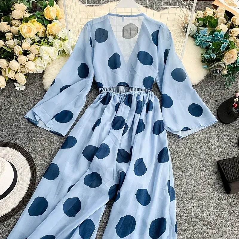 Женский шифоновый комбинезон в горошек с высокой талией, Boho, Свободный комбинезон на шнуровке, с пуговицами, v-образный вырез, длинный рукав, широкие штанины, Комбинезоны