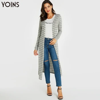 

YOINS 2020 Autumn Winter Women Long Coats XS-XL Stripe Open Front Long Sleeves Overcoat Grey Loose Casual Work Streetwear Bluas