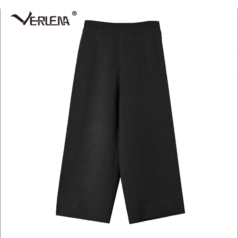 Black Pants Verlena/Новые Осенние широкие брюки с эластичной резинкой на талии, однотонные черные элегантные трикотажные шерстяные брюки до щиколотки, уличная одежда - Цвет: Black Pants