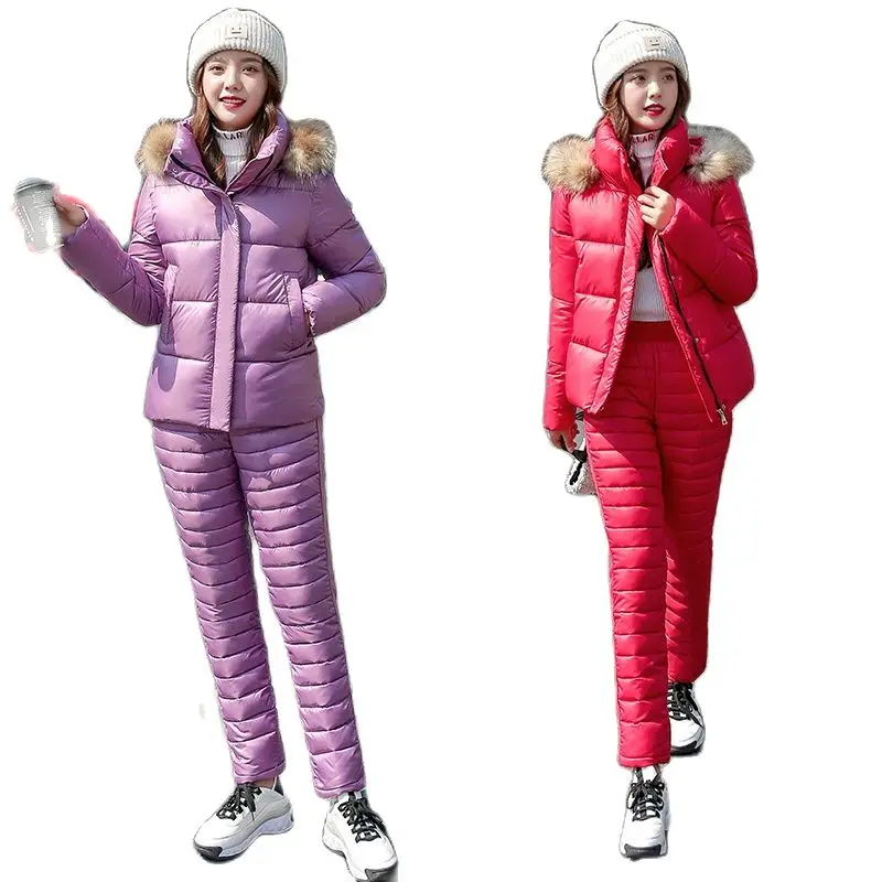 

2022 Fashion Winter Two Piece Outfits For Women Long Sleeve Hooded Coat And Cotton Pants Casual Parka Ladies Solid Thick Suit