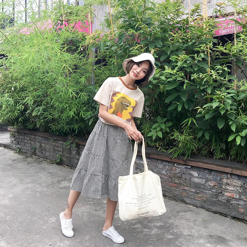 

Retro Versatile Elastic Waist Big Skirt Plaid Mid-length Skirt