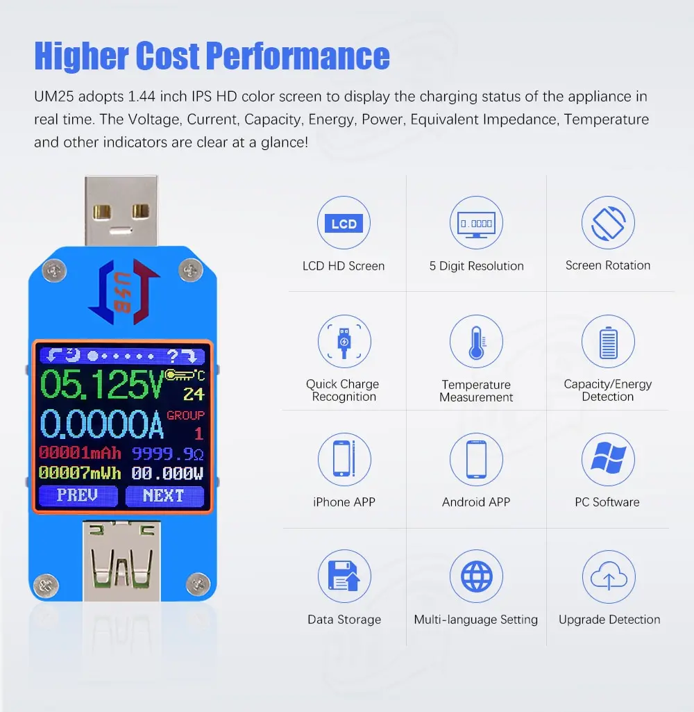 Горячие RD UM25 UM25C Для APP USB 2,0 Тип-C ЖК-дисплей Вольтметр Амперметр Напряжение измеритель тока, для батареи с зарядкой от usb Тестер