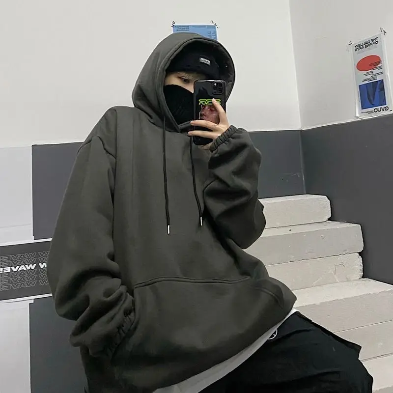 

Autumn Winter Korean Version Ins Pure Color Knitted Collar Fake Two Piece Hooded And Fleece Hoodie Men