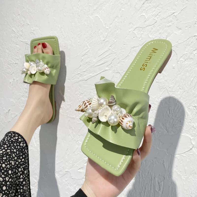 

Pearl Women Flat Slippers Summer Shoes Pleated PU Leather Square Toe Flat Women Sandals Sweet Style Ladies Slippers Sandals