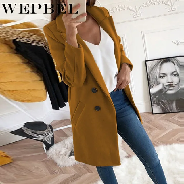 US $14.45 WEPBEL Autumn and Winter New Woolen Women Solid Color Long Coat Long Double-breasted Women Turn-dow