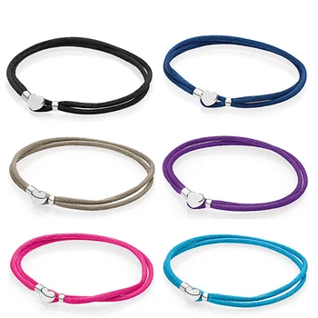 

PDB SL 14 Original PAN 100% 925 sterling silver with Logo couple heart shape (multicolor optional) leather rope bracelet