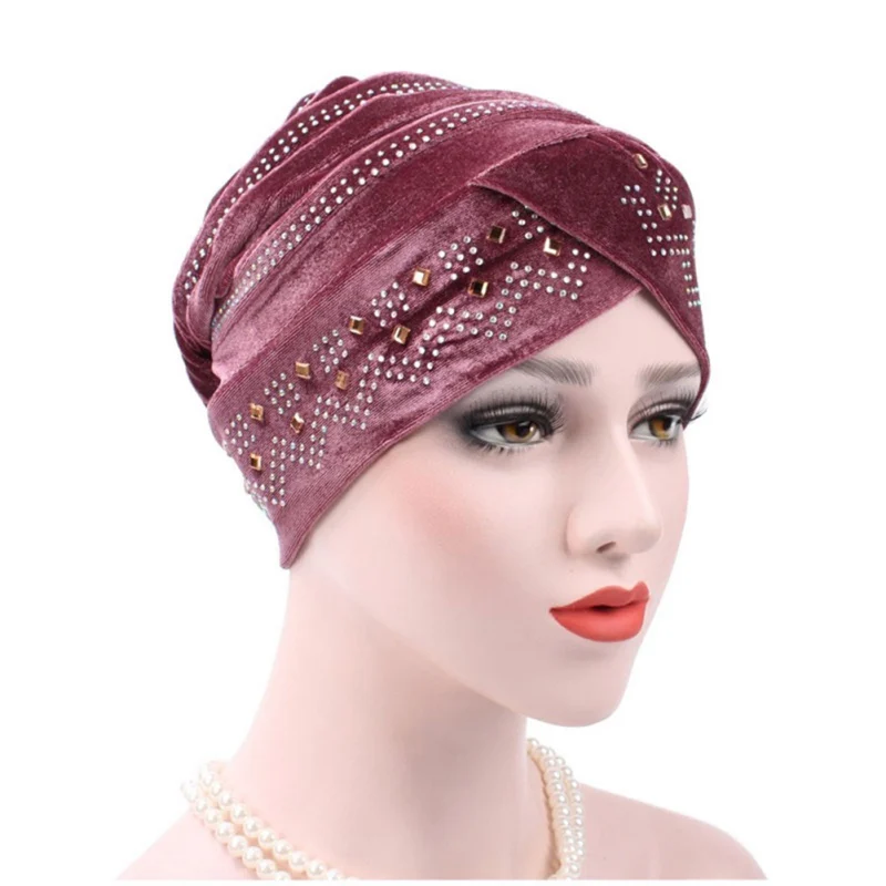 

Girl Woman Hijabs Velvet Big Rhinestone Turban Head Cap Hat Beanie Muslim Scarf Cap Hair Loss Ladies Hair Accessories