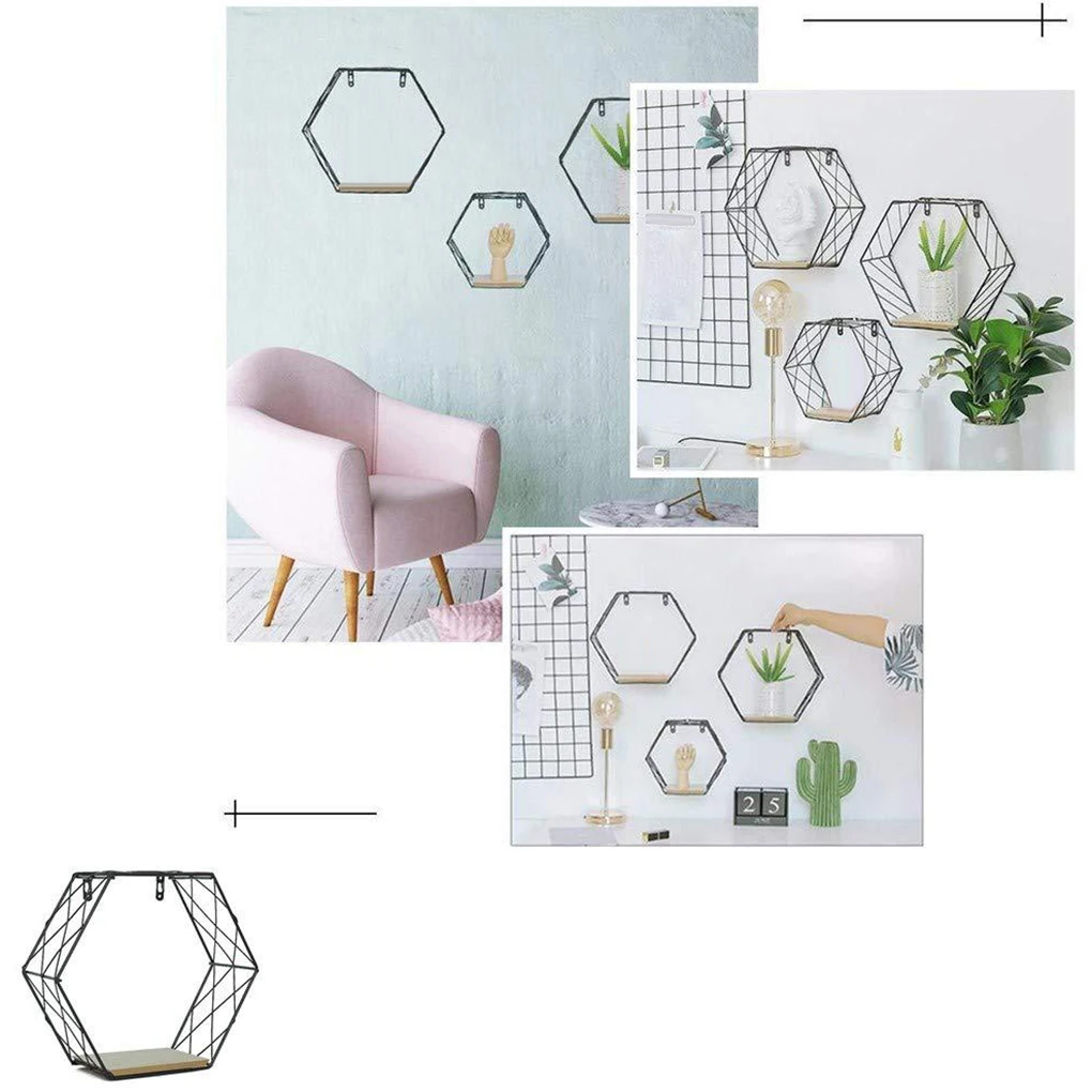 Шестигранный дизайн настенные полки сетчатый Тип настенный стеллаж для хранения для дома или офиса, декоративные аксессуары