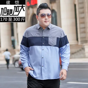 

2020 Men Autumn Plus Fat Plus Size Three Colors Splicing Long Sleeve Lapel Shirt Yes Pocket Super