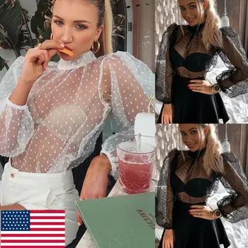 

Summer Women See-through Polka Dot Lantern Sleeve Mesh Blouse Tops Shirts US B