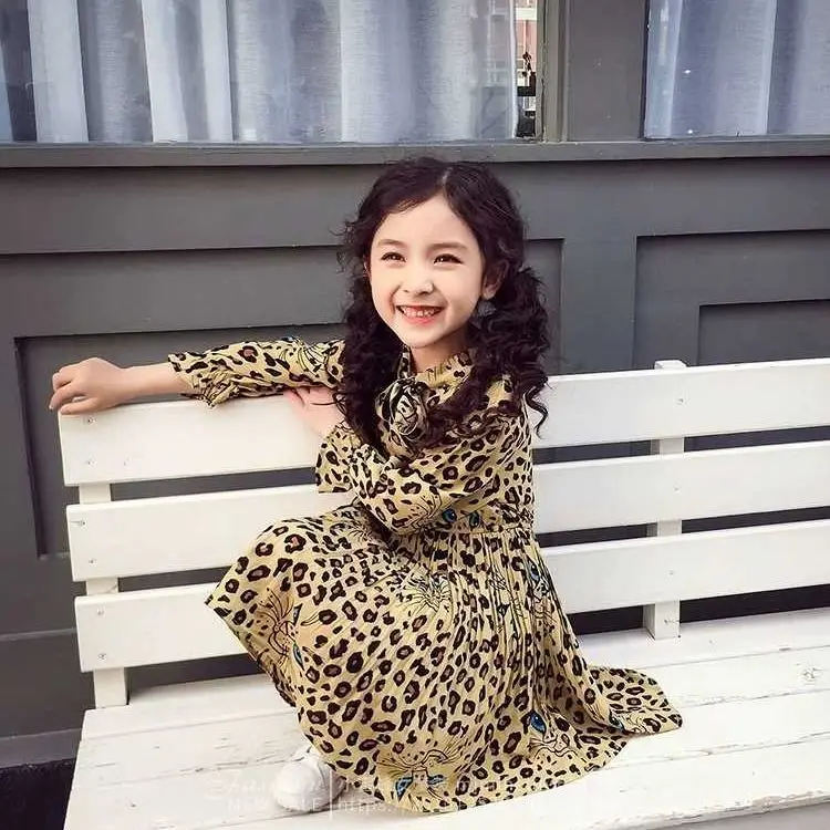 Girl Autumn Dress Fashion Leopard Printed Long Sleeved Dresses 2-12 Years