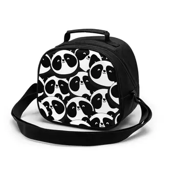 

Black White Panda Heads kid lunch bag insulation portable waterproof picnic cooler bag breakfast school handle reusable food bag
