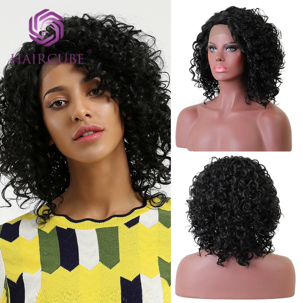 

Haircube Heat Resistant Short Black Kinky Curly Type Wig Synthetic Lace Front Party Wigs for Black Women