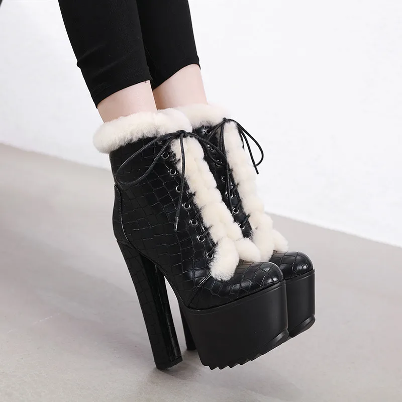 

YMECHIC Fashion Stone Pattern Cross Tied Fur Fringe Thick Sole Extra High Heels Platform Ankle Boots Gothic Punk Ladies Shoes