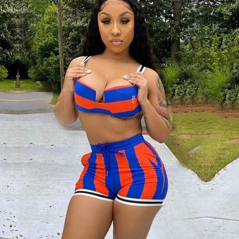 Kricesseen Fashion Striped Print Two Pieces Shorts Set Women Tracksuit Set Striped Top And Shorts Suits Matching Set Plus Size
