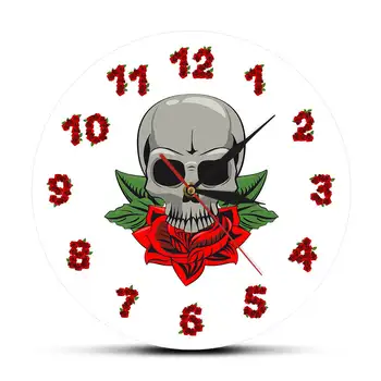 

Skull with Flower Rose Gothic Home Decor Wall Clock With Rose Numbers Unique Modern Wall Watch Floral Skull Macabre Wall Art