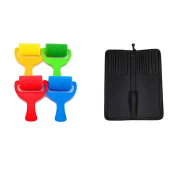 

1 Pcs Foldable Oxford Cloth Zipper Brush Bag Case Holder-Black & 1 Set of 4Pcs Sponge Brush Kid Art Craft Painting Tool