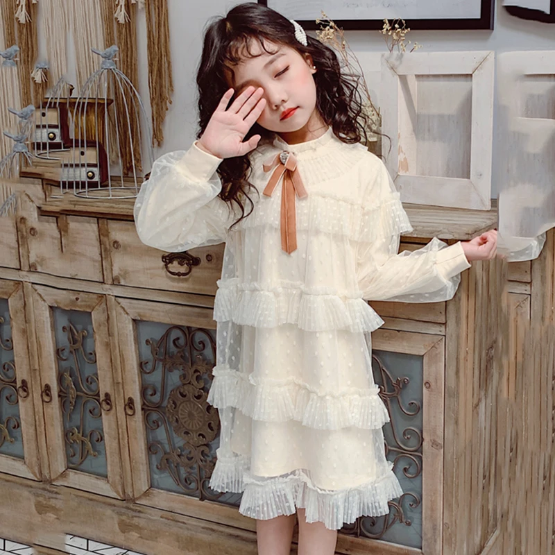 Весенне-осеннее платье-пачка для девочек платье для малышей vestidos/детская одежда многослойное кружевное бархатное Плиссированное Сетчатое платье в горошек с бантом для детей возрастом от 4 до 14 лет
