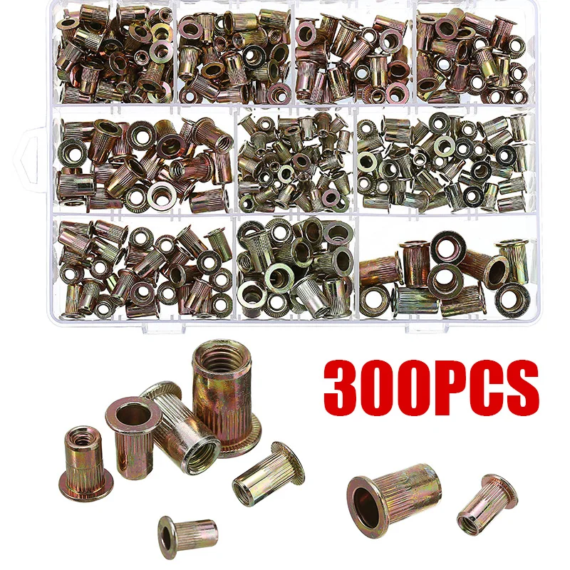300pcs Zinc Steel Rivet Nut Kit Rivnut Nutsert 150pcs Metric + 150pcs Sae Flat Head Threaded