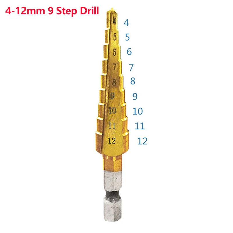 Hss титановые спиральные рифленые ступенчатые сверла 4-12/4-20/4-32 мм ступенчатые конусные режущие инструменты стальные деревообрабатывающие металлические сверла - Цвет: 4-12 9 step