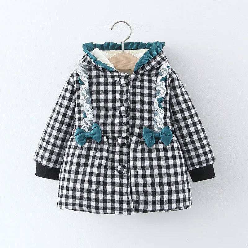 Winter Girls Kids Princess Bow Lace Parkas Thicken Coat Warm Children Baby Infants Velvet Ruffle Hooded Outwear Casaco S10162 - Color: Black