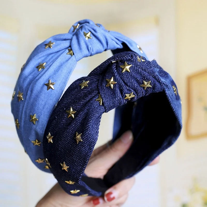 

Bohemian Ethnic Denim Center Knot Hairband Metal Star Stamping Knotted Headband Hair Accessories