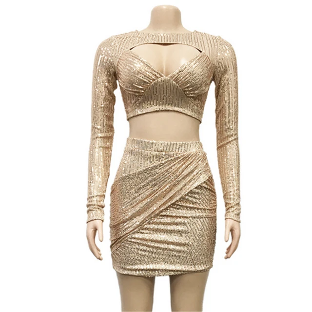 ladies formal evening party sexy sequin clubwear long sleeve crop top short skirt vestidos women golden sequins bodycon outfit women s sets aliexpress aliexpress