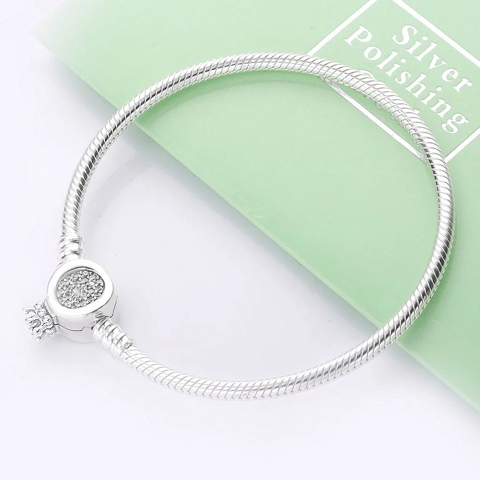New 925 Sterling Silver Bracelet Crystal Moments Crown O Clasp Snake Chain Bracelet Bangle Fit Bead Charm Diy Europe Jewelry
