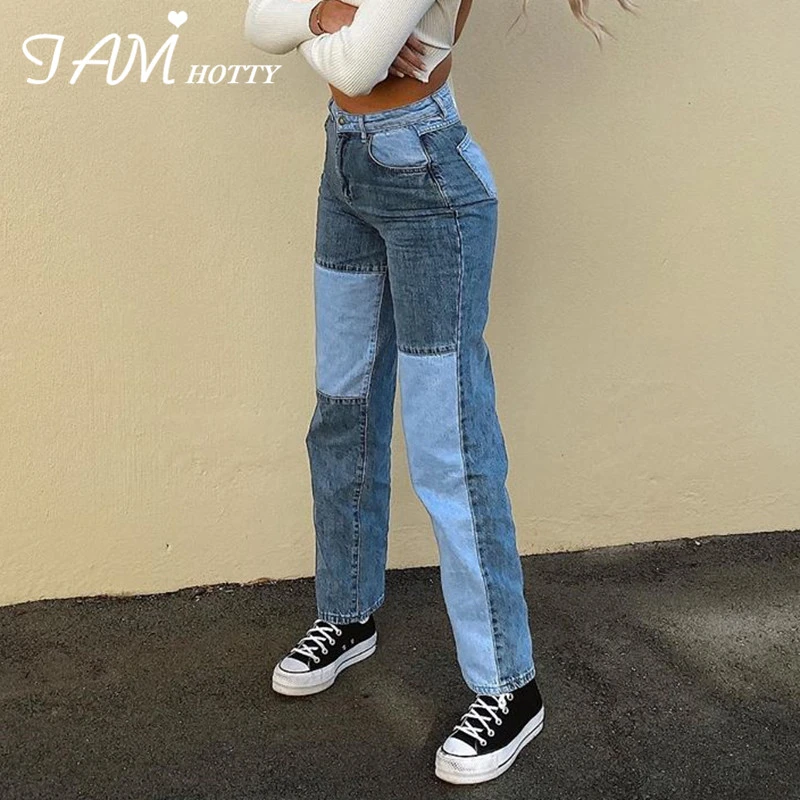 Patchwork Straight Women's Jeans Baggy Vintage High Waist Boyfriends Mom  Denim Distressed Streetwear 2020 Female Iamhotty - Jeans - AliExpress