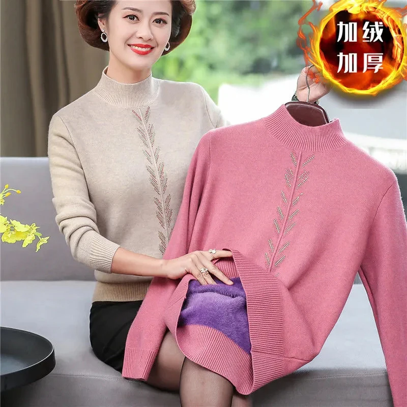 

Middle-aged Womens O-Neck Pullovers & Sweaters Autumn Winter Plus Velvet Warm Knitting Sweater Mother Clothing Long Sleeve Tops