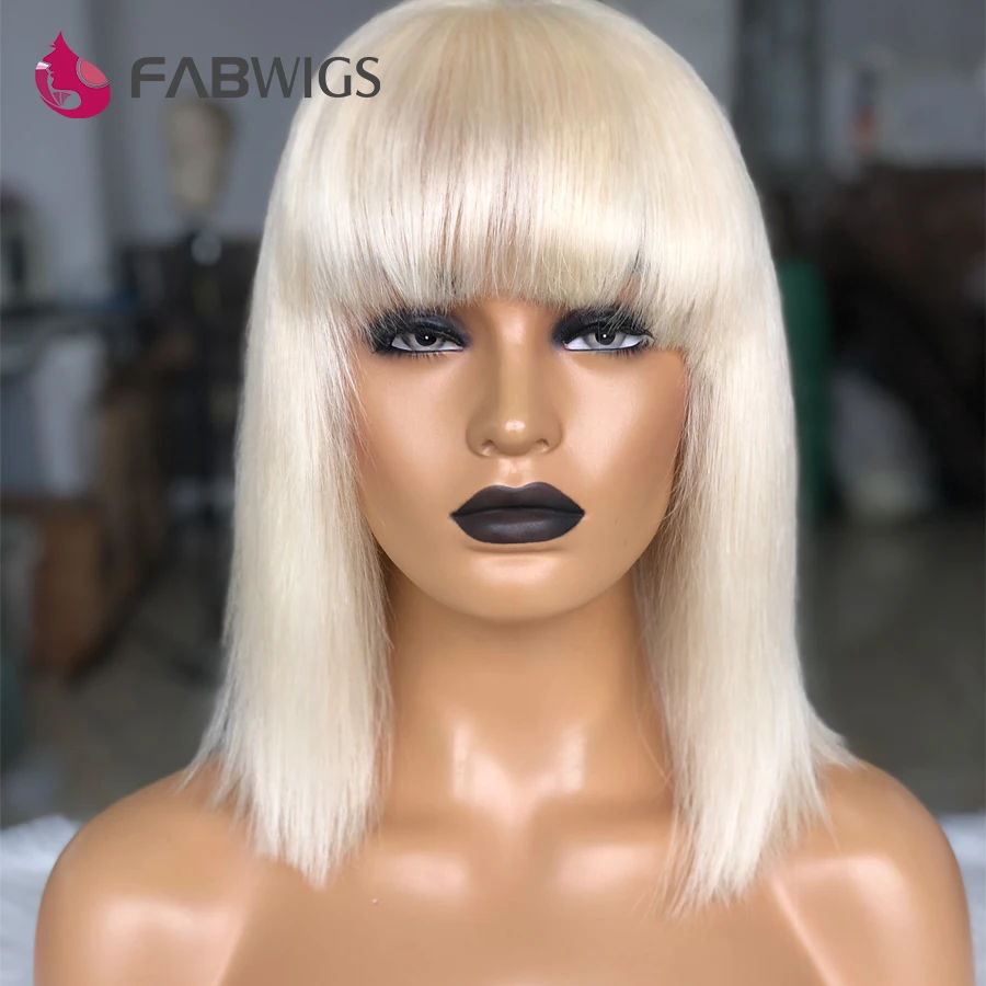 Fabwigs#613 блондинка Синтетические волосы на кружеве парики с челкой 180% короткий Боб 13x4 Синтетические волосы на кружеве человеческих волос парики 13X4 прозрачные кружевные парики из человеческих волос