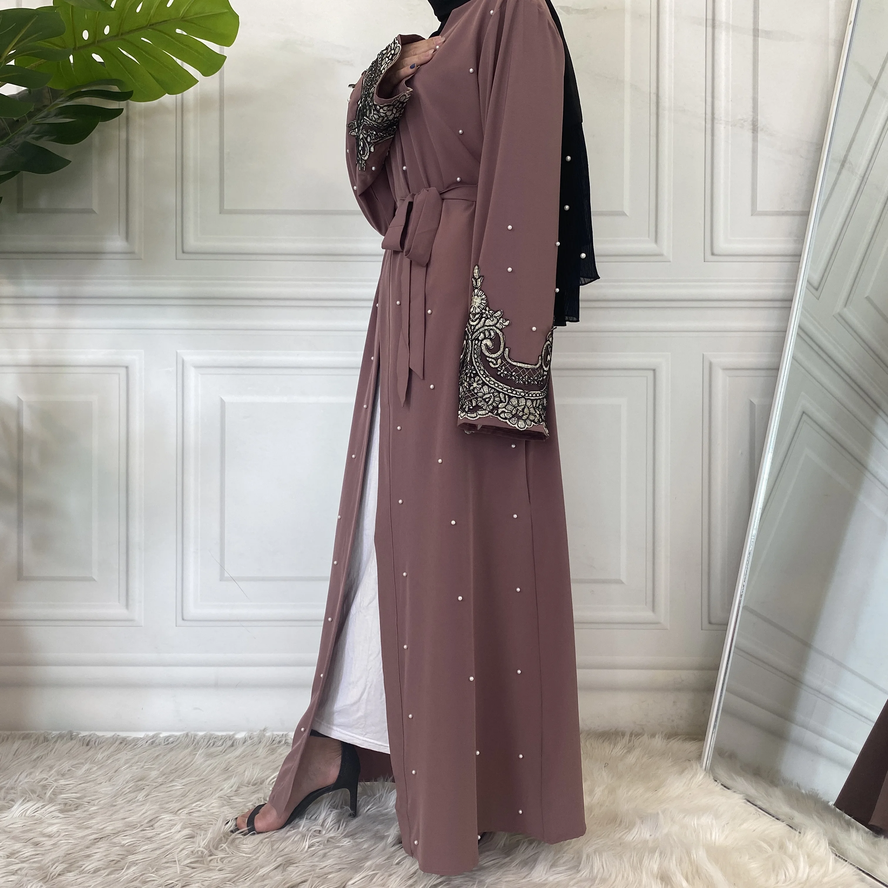 Hot Selling Open Abaya Women Clothes Lace With Pearls Design Muslim Fashion Kimono Long Kaftan Islamic Dubai Dresses For Women