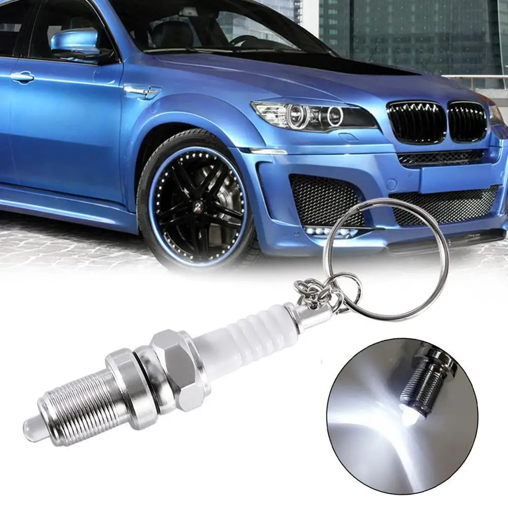 

Universal White Metal LED Creative Flashlight Keychain Buckle Universal Car Parts Modified Spark Plug Style Keyring High Quality