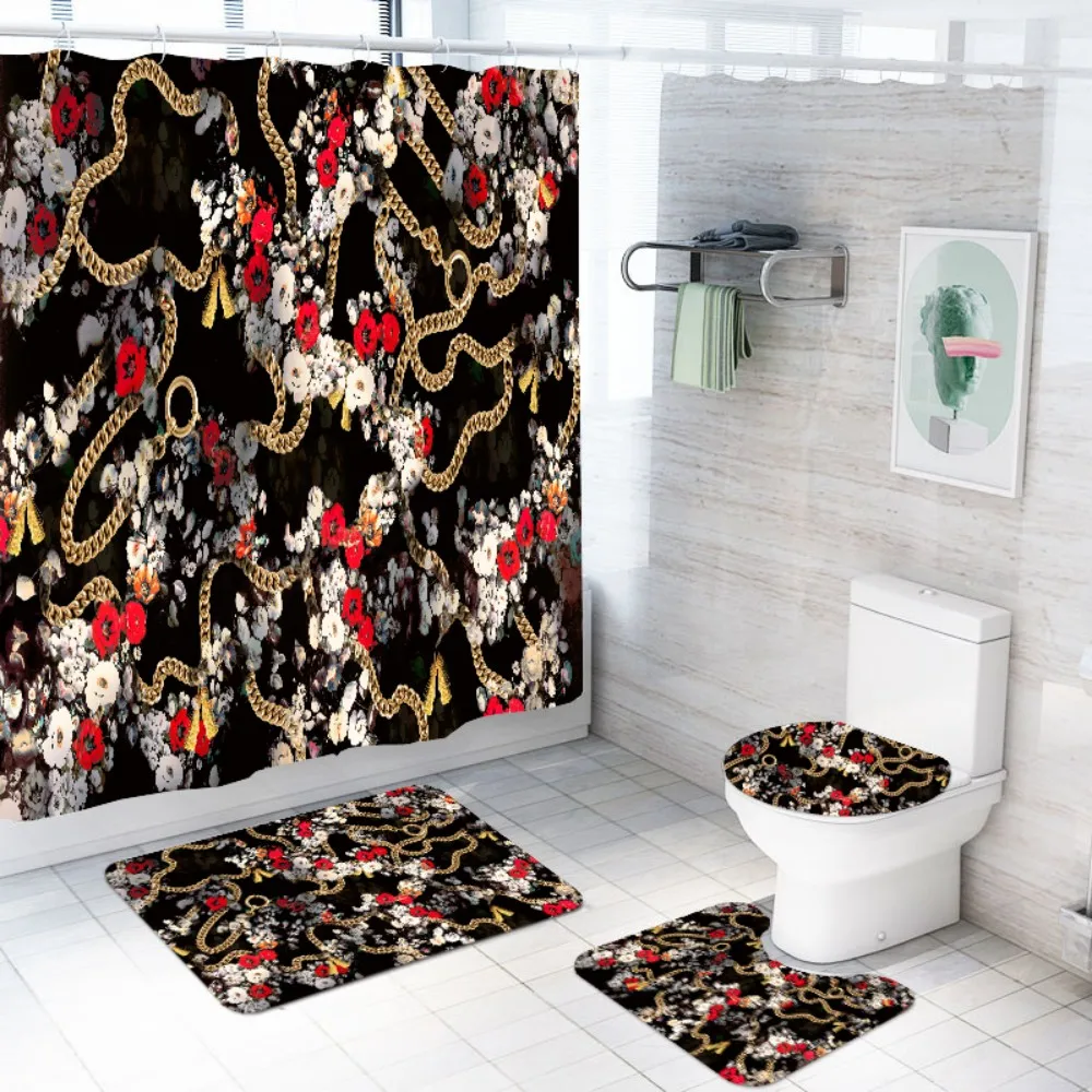 4 Piece Bathroom Set Golden Chain Lepoard Retro Shower Curtain Bath Rug Sets Toilet Cover Mat Home Decor Dropshipping | Дом и сад